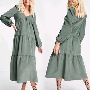 ASOS Tiered Cord Babydoll Long Sleeve Midi Smock Dress